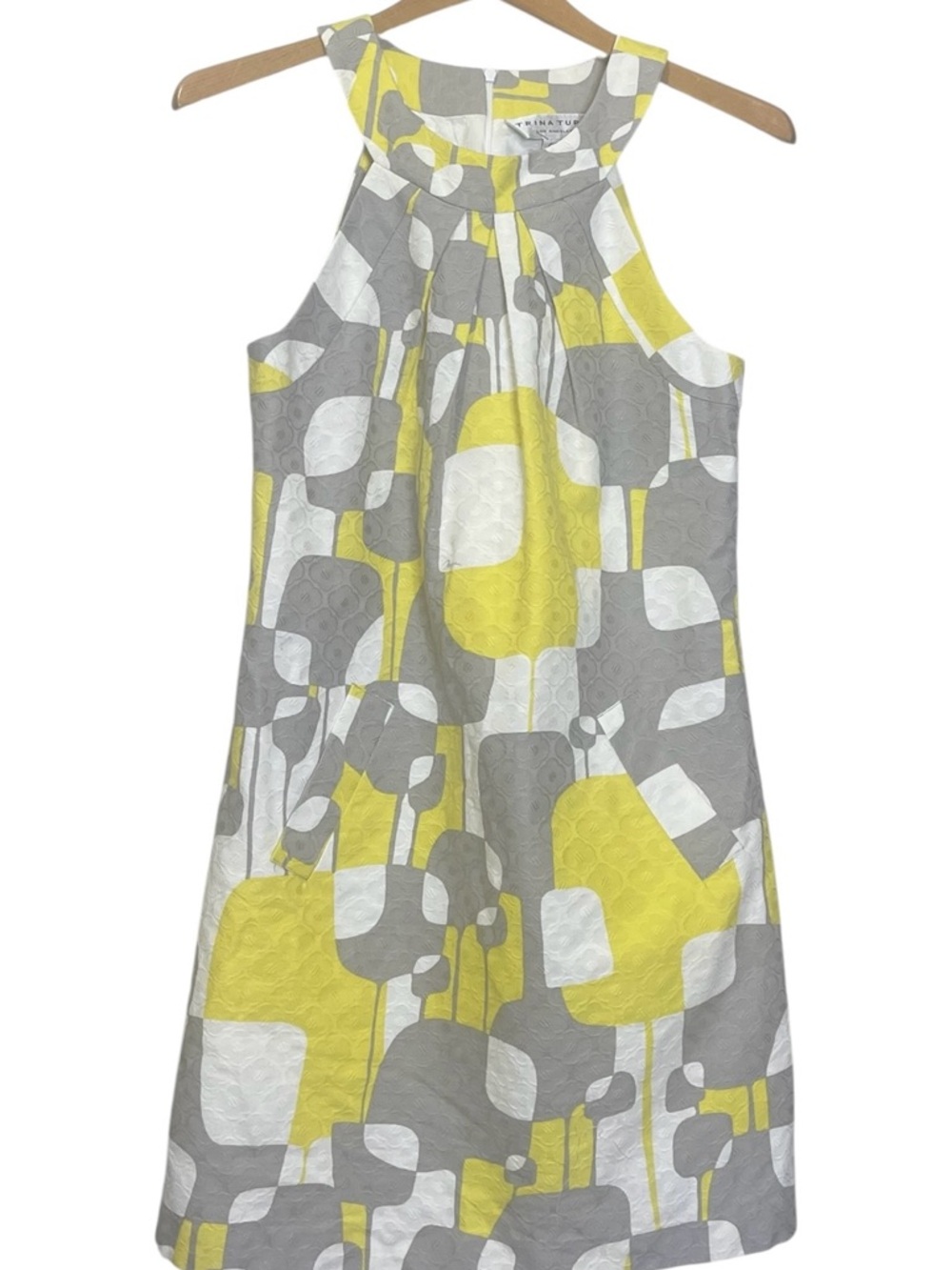 Trina Turk Yellow Gray Geometric Pockets Tropical Cotton Sundress sz 4 EUC